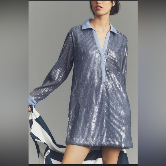 Pilcro Long Sleeve Sequin Mini Shirt Dress Blue Womens Size XL Collard Neckline - Picture 3 of 12